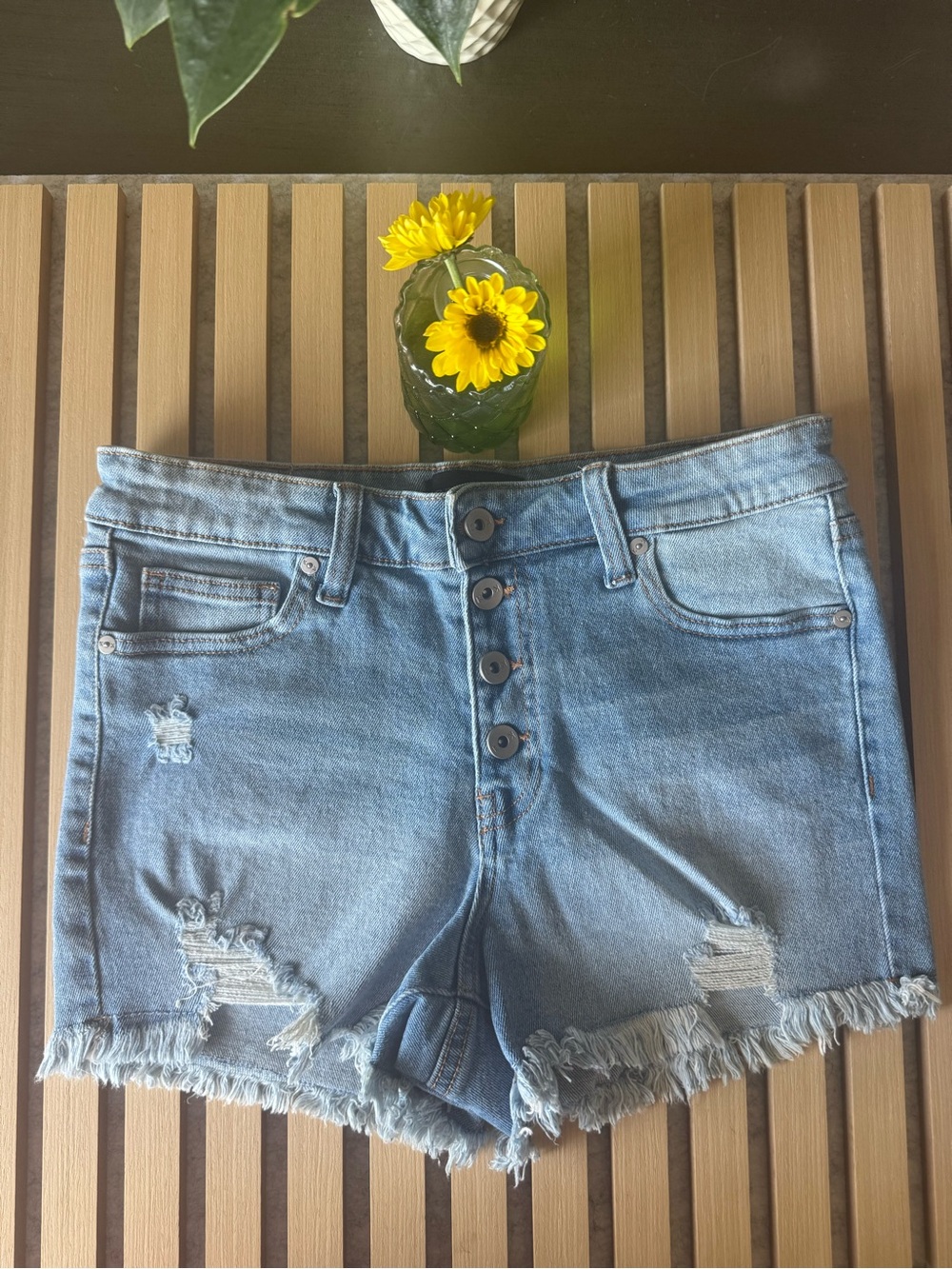 Kendall & Kylie Light Wash Distressed Button-Fly Denim Shorts